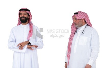 two Saudi men in traditional Saudi dress,  one of them watches the other one when he talks, meeting, white background, Saudi model