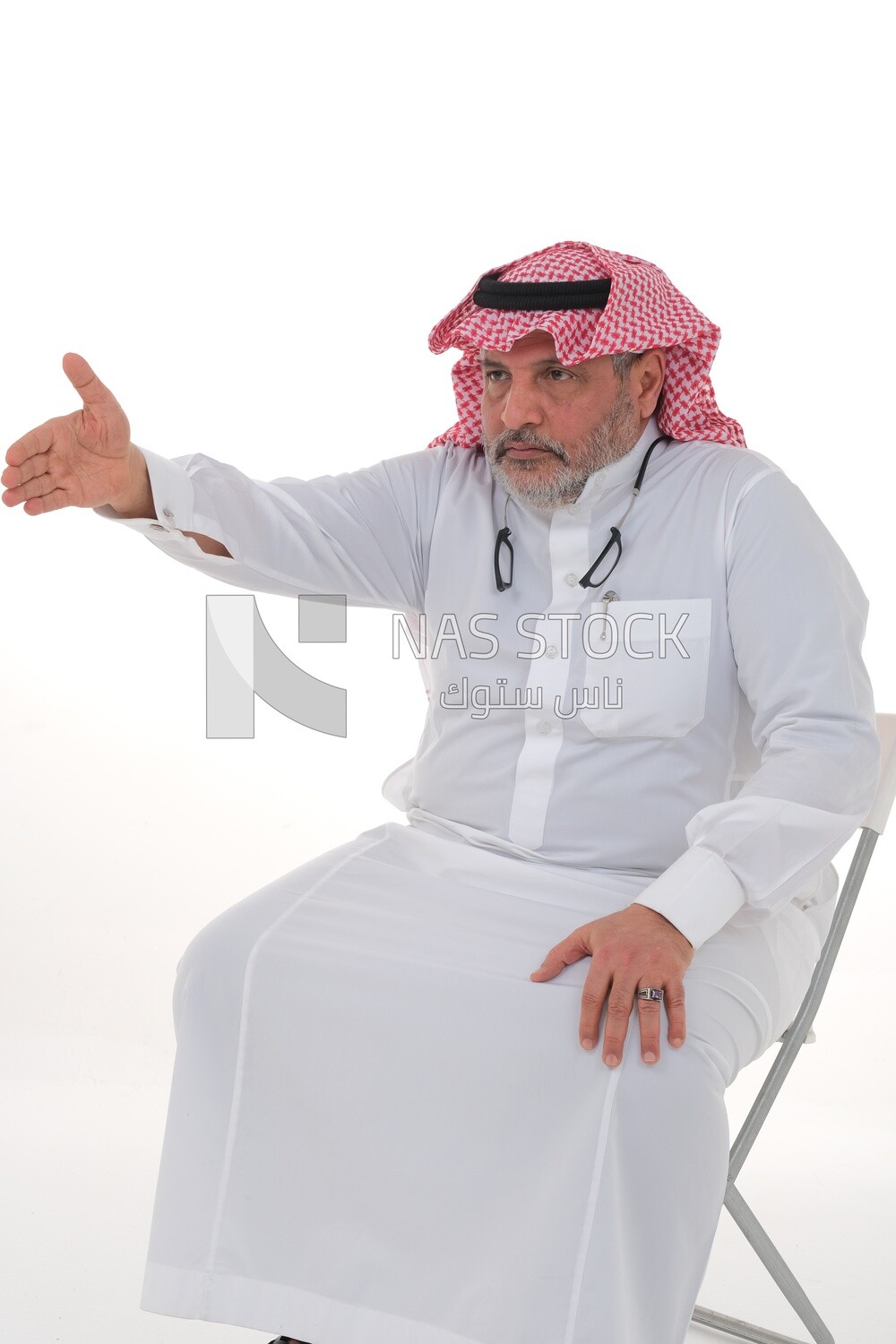 Saudi man in traditional Saudi dress gesturing with handshake gesture, welcome, agreement, peace, acquaintance, dating concept, white background