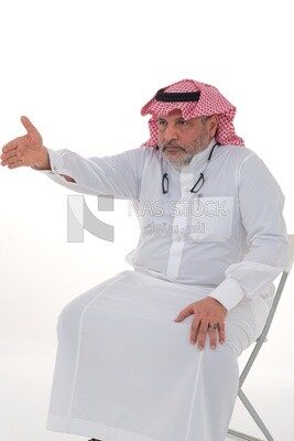 Saudi man in traditional Saudi dress gesturing with handshake gesture, welcome, agreement, peace, acquaintance, dating concept, white background