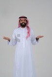 close-up of a Saudi man in traditional Saudi dress, Saudi model, white background