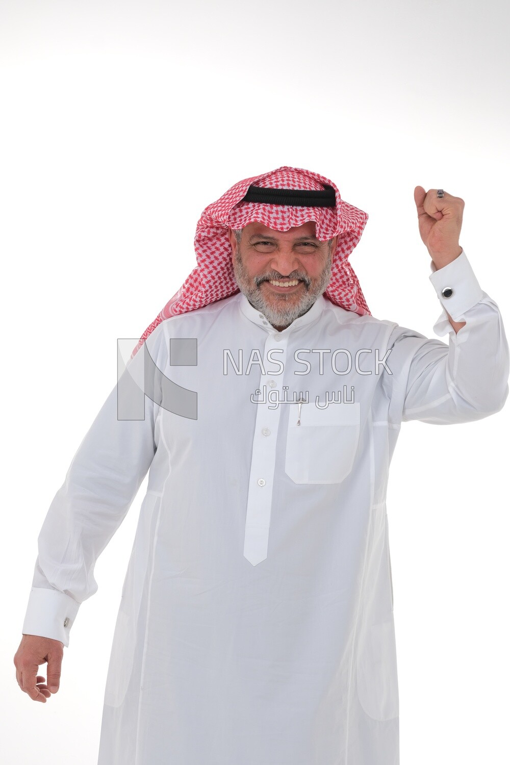 Saudi man raising his fist while smiling with different facial and hand gestures, a young Saudi man wearing a white dress with a shemagh and headband, white background