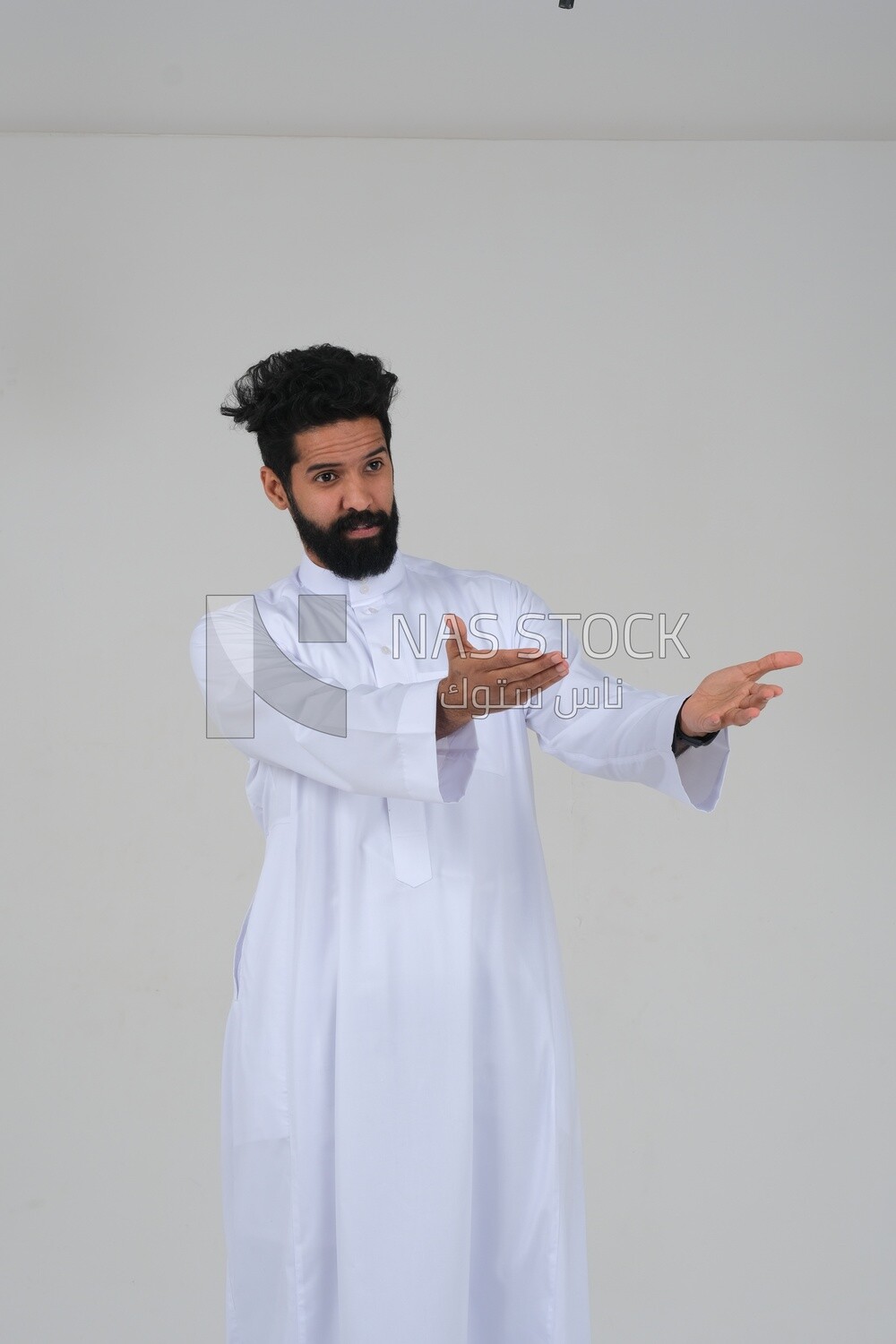 saudi man wearing the Saudi thobe, hand gestures pointing to the right, movements indicating this place, this website, white background