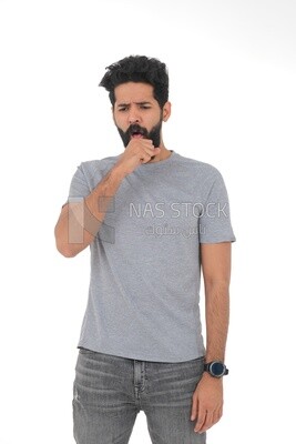 saudi man who puts his hand in front of his mouth while coughing with different facial and hands gestures, Saudi model, white background