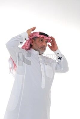 Saudi man wearing a white dress, praying to god, praying on the prayer rug, Islam and worship, white background, Saudi model