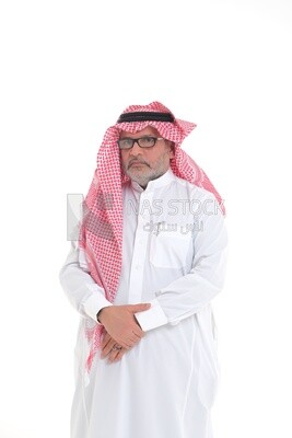 close-up of a Saudi man in traditional Saudi dress, wearing glasses, Saudi model, white background