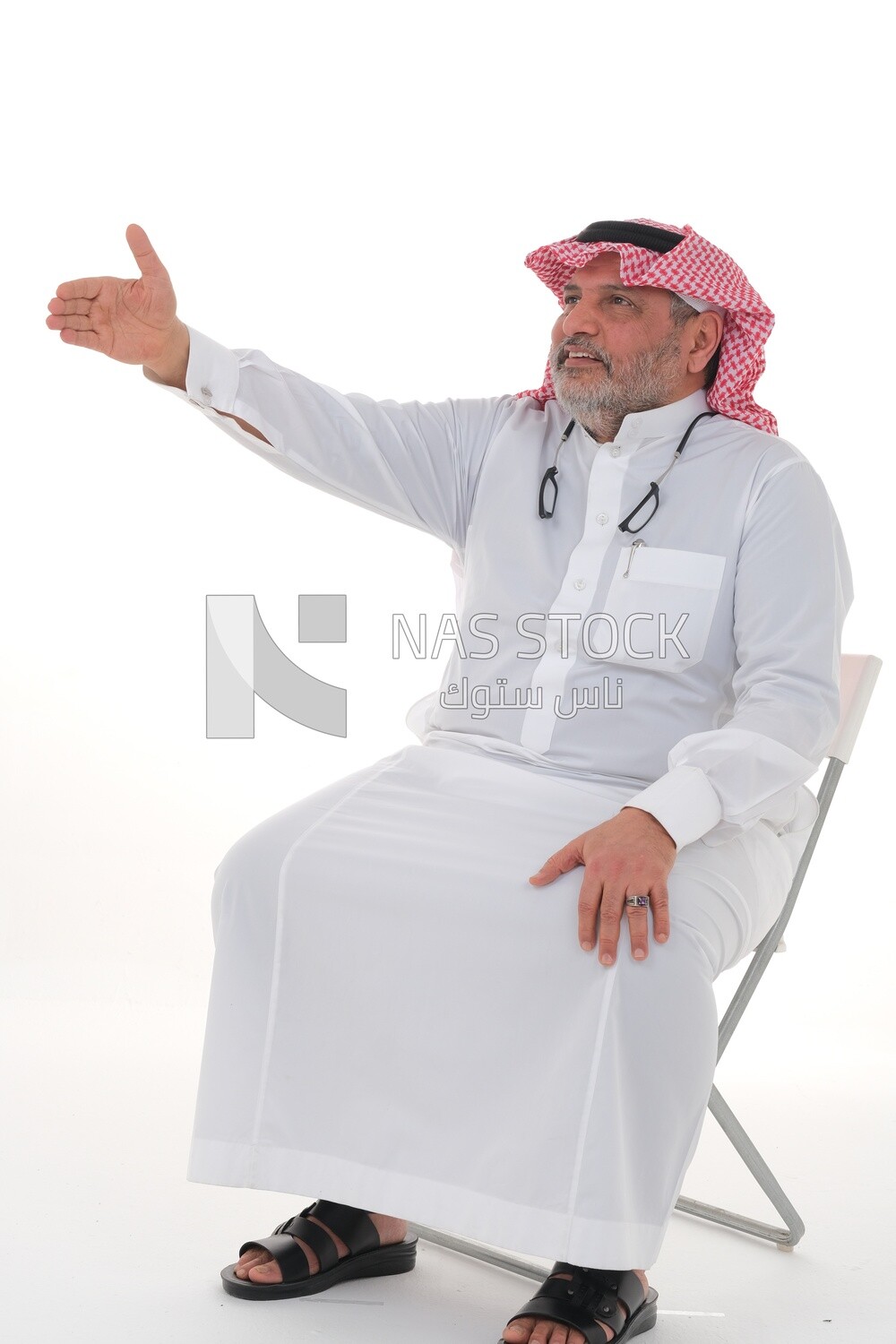 Saudi man in traditional Saudi dress gesturing with handshake gesture, welcome, agreement, peace, acquaintance, dating concept, white background