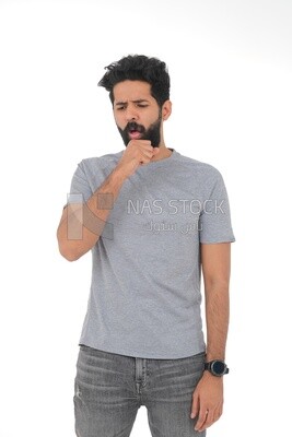 saudi man who puts his hand in front of his mouth while coughing with different facial and hands gestures, Saudi model, white background