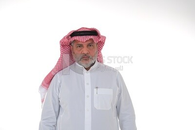 close-up of a Saudi man in traditional Saudi dress, Saudi model, white background