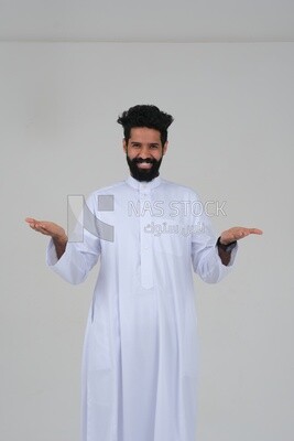 close-up of a Saudi man in traditional Saudi dress, Saudi model, white background