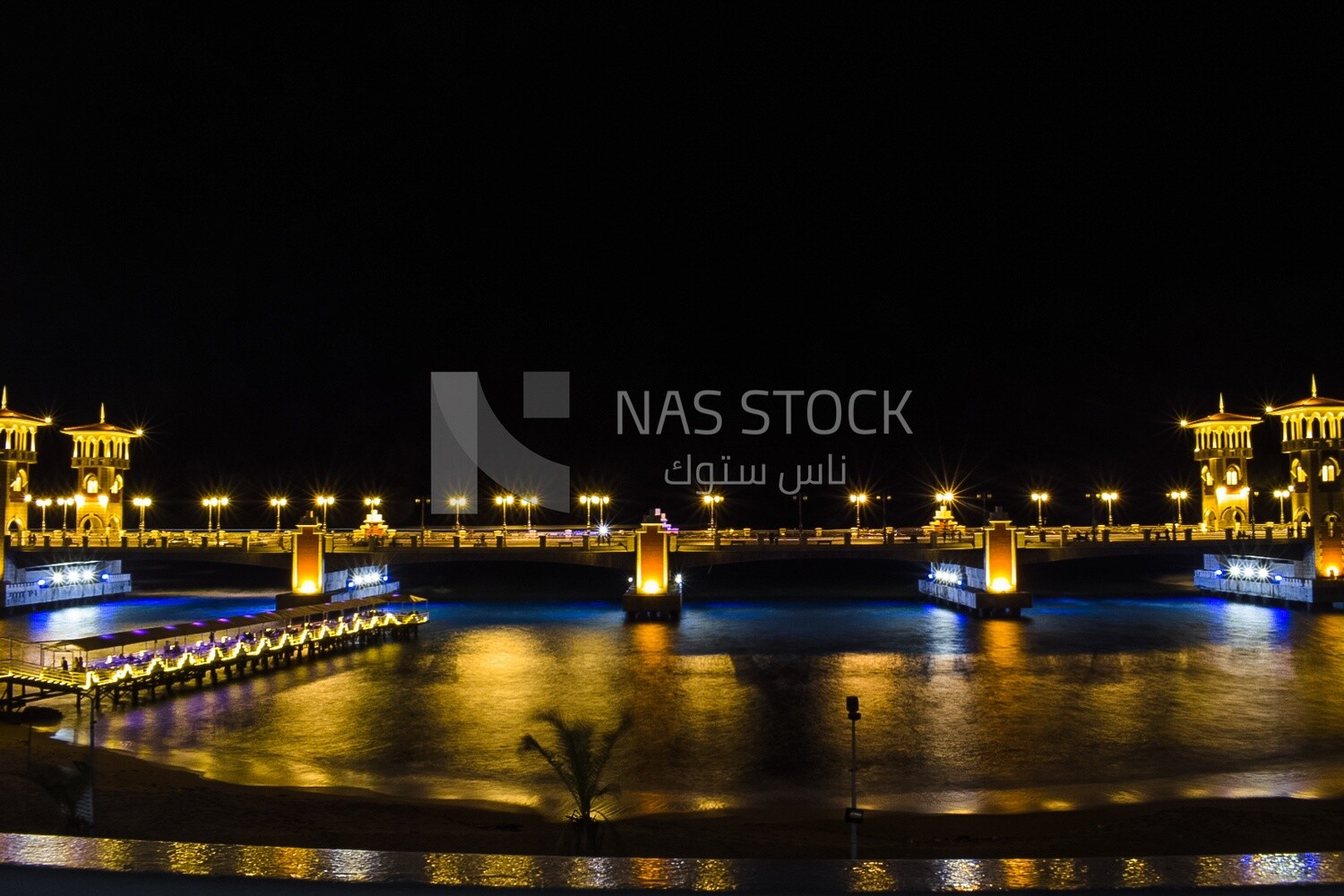 Stanley Bridge and its lights at night , Stanley Bridge in Alexandria , sea promenade