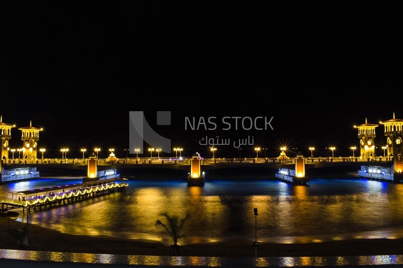 Stanley Bridge and its lights at night , Stanley Bridge in Alexandria , sea promenade
