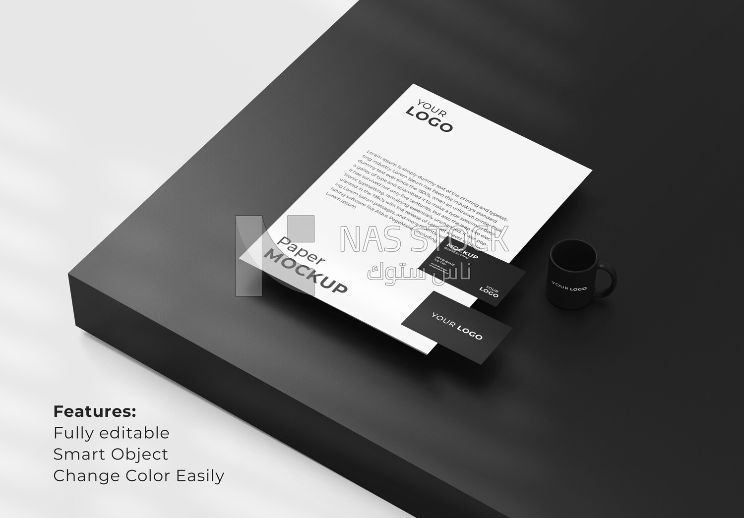 Mockup for Business Card with A4 paper and mug in black and white