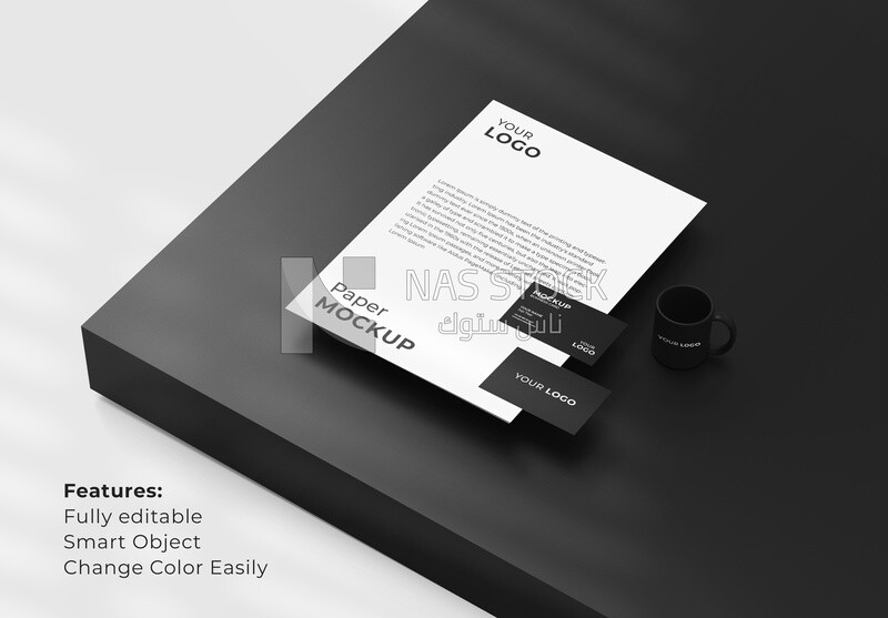 Mockup for Business Card with A4 paper and mug in black and white