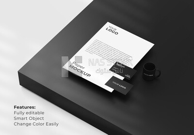 Mockup for Business Card with A4 paper and mug in black and white