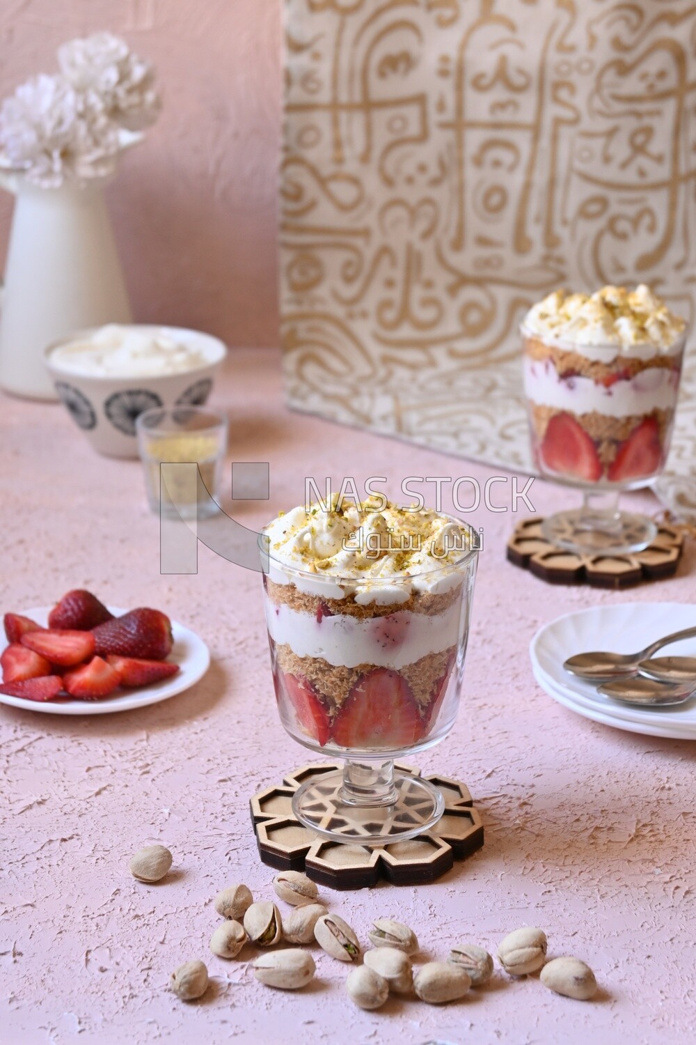 Kunafa with strawberries and cream