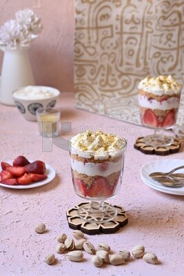 Kunafa with strawberries and cream