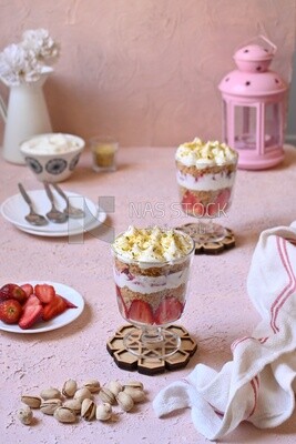 Kunafa with strawberries and cream