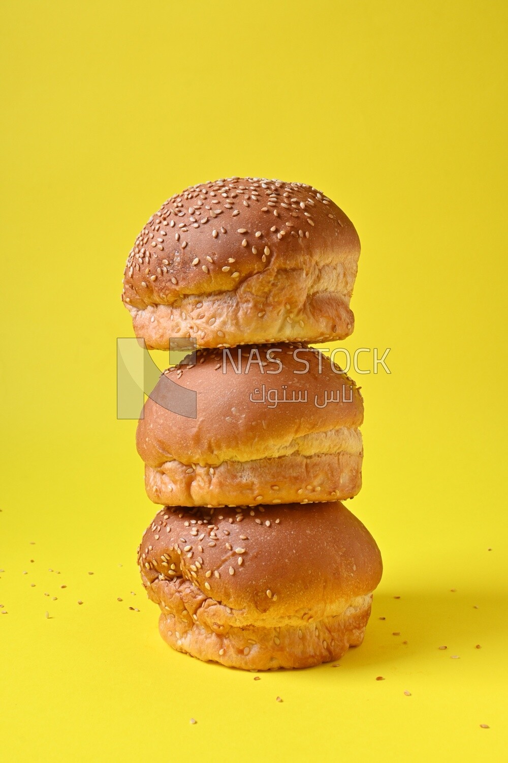 Three buns with sesame seeds, fast food, Arabic restaurants, delicious food