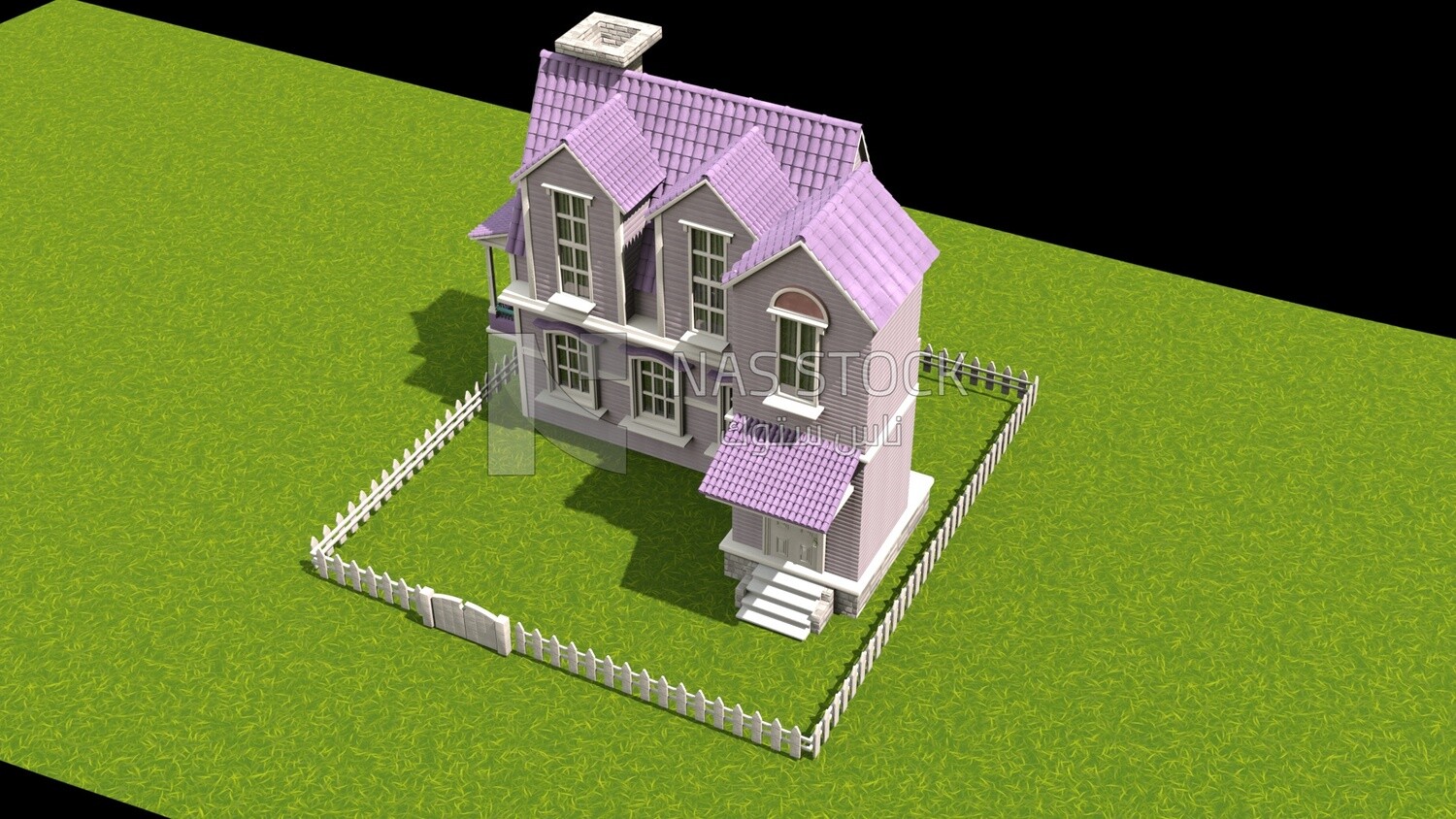 Two-storey house with garden , exterior view , 3D model