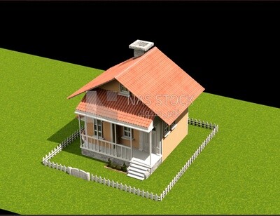 3D Model of a two-storey house with garden ,exterior view
