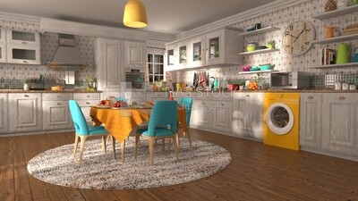 3D Model of White Kitchen ,exterior and interior view