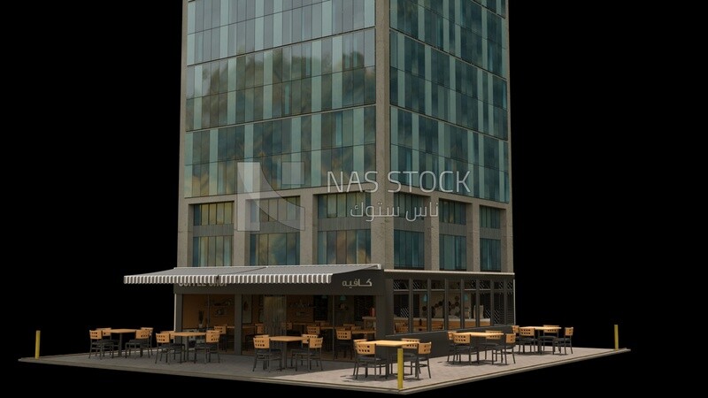 3D Model of a building with a coffee shop, exterior and interior view