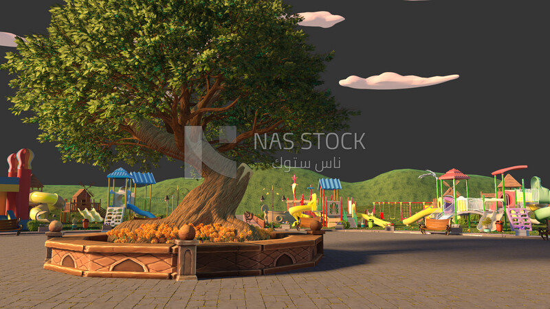 Large park with trees and kids area ,exterior view , 3D model