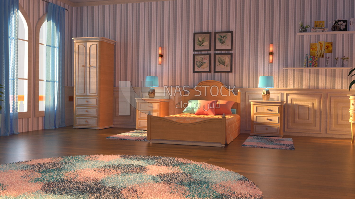 Bedroom in calm colors ,interior view ,3D model of
