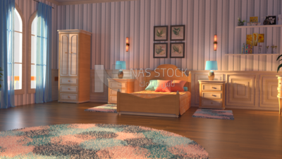 Bedroom in calm colors ,interior view ,3D model of