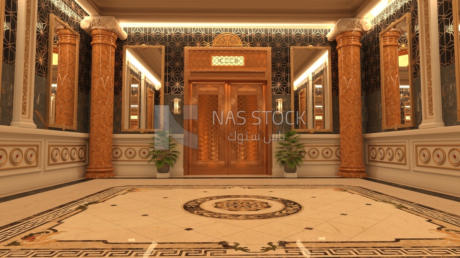 3D model of hotel lobby with elevator