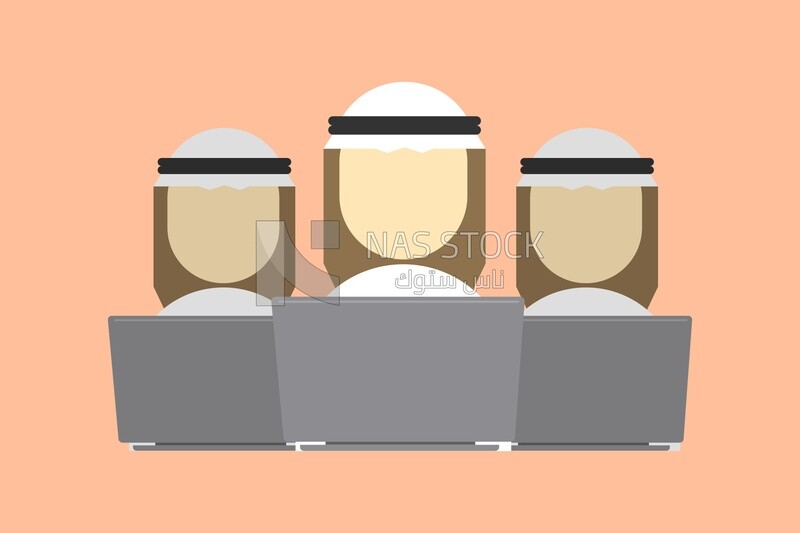 Three businessmen sitting in a meeting, Saudi uniform