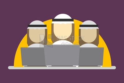 Three businessmen sitting in a meeting, Saudi uniform