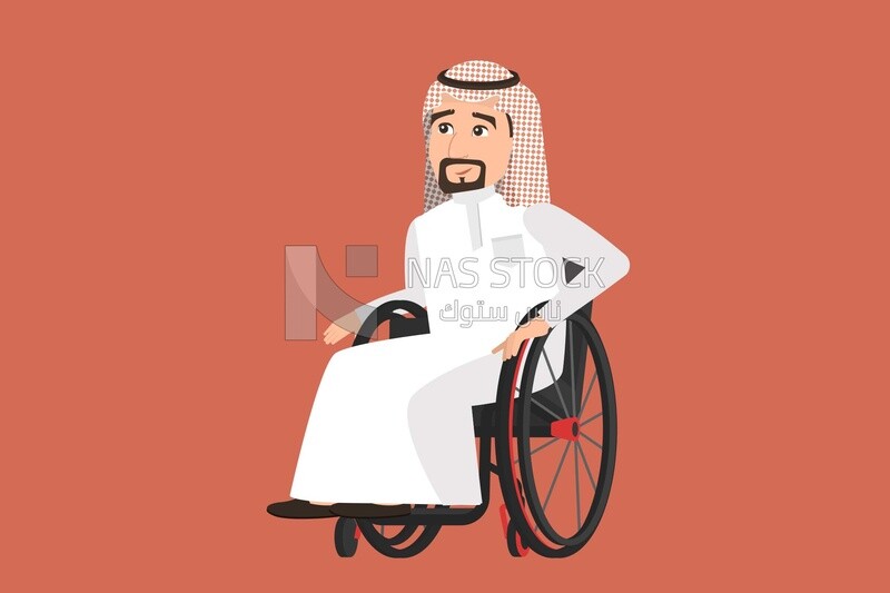 فيكتور رجل سعودي من ذوي الاحتياجات الخاصة ، رجل يعاني من الألم جالسًا على كرسي متحرك ، معاق ، فيكتور اليستريتور