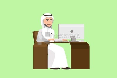 Saudi gulf man sitting on the desk, business