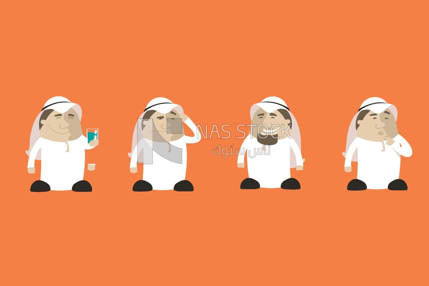 Four characters of men in saudi clothes doing different activities