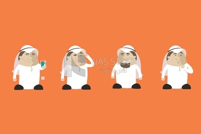 Four characters of men in saudi clothes doing different activities