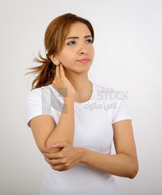 A woman wearing sportswear on a white background