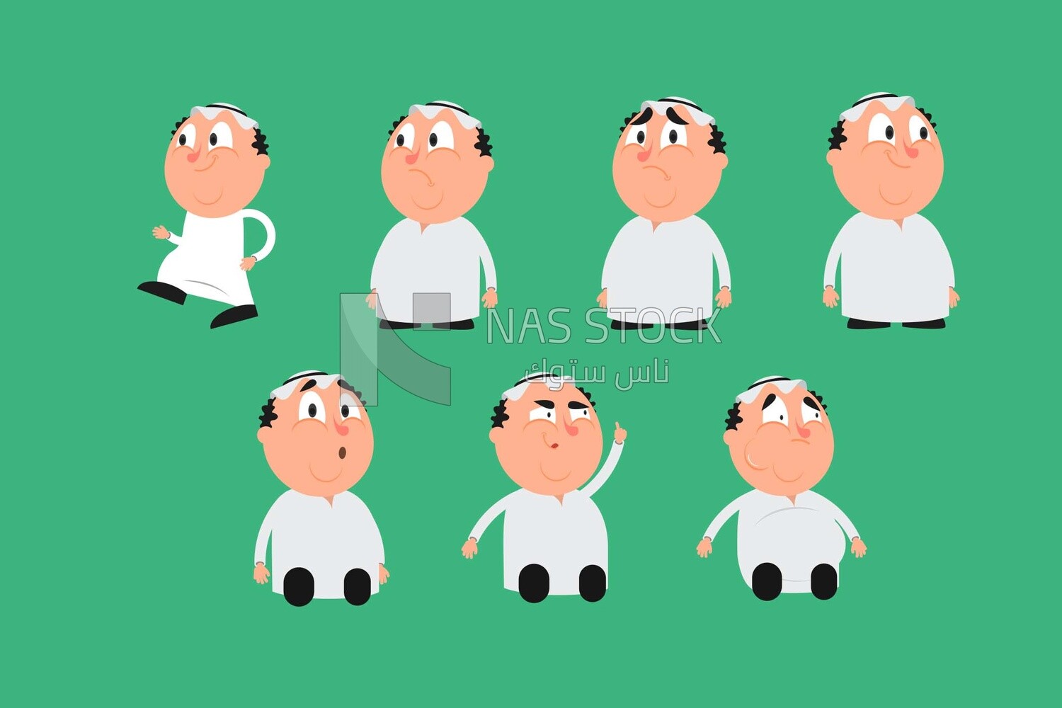 Characters of men in Saudi clothes doing different activities