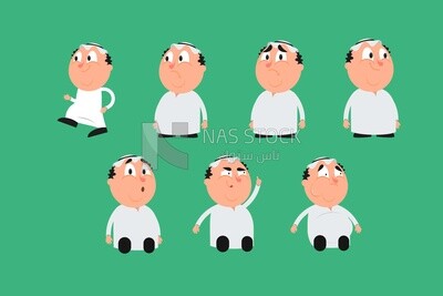 Characters of men in Saudi clothes doing different activities