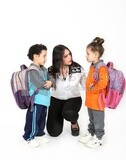 A mother sitting with her kids on a white background