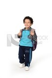 Boy wearing his bag on a white background