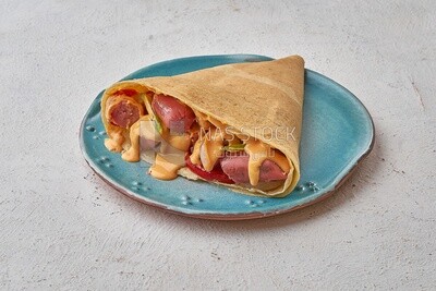Smoked sausage crepe with melted cheese