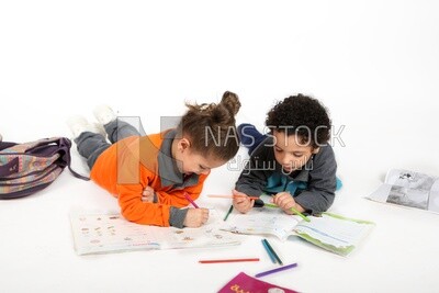 A brother and a sister sitting on the floor studying