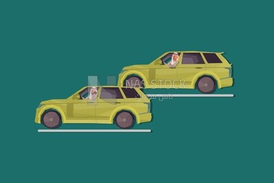 Two characters, both men, are driving a car