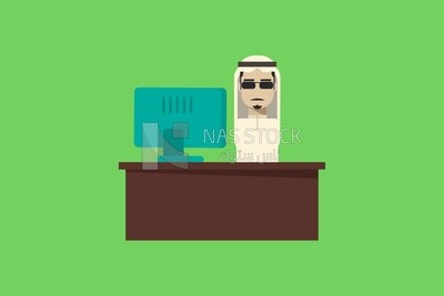 a character of a gulf man sitting at a desk