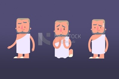 Character of a man performing Hajj on a purple background