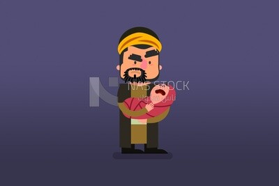 Arab man carrying a crying baby