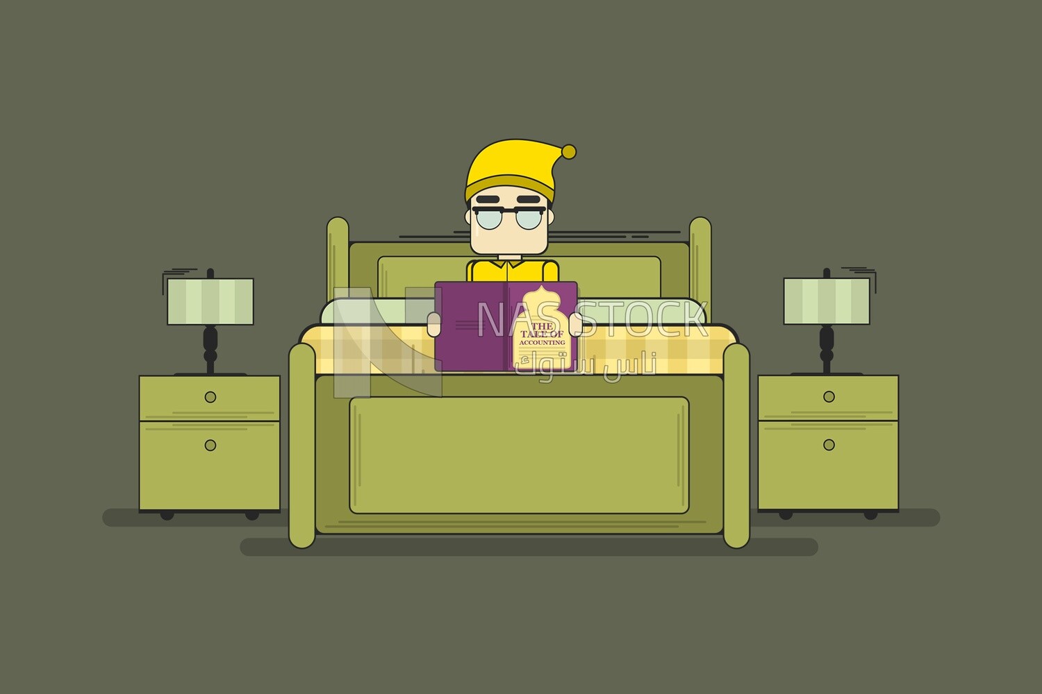 Character sleep on a bed reading a book
