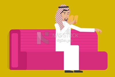 شخصية رجل خليجي على الأريكة يقرأ كتابًا