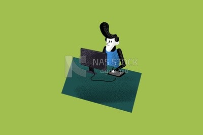 Character of a man sitting at a desk working on the computer